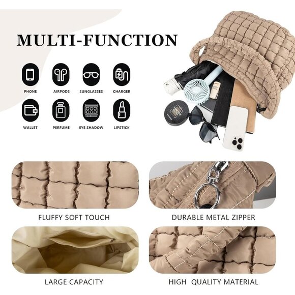 Iqimott Quilted Puffer Tote Bag Large Crossbody Shoulder Bag with Zipper - Picture 3 of 7